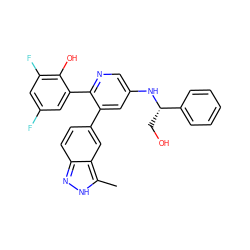 Cc1[nH]nc2ccc(-c3cc(N[C@@H](CO)c4ccccc4)cnc3-c3cc(F)cc(F)c3O)cc12 ZINC001772654137