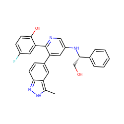 Cc1[nH]nc2ccc(-c3cc(N[C@@H](CO)c4ccccc4)cnc3-c3cc(F)ccc3O)cc12 ZINC001772640657