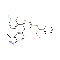 Cc1[nH]nc2ccc(-c3cc(N[C@@H](CO)c4ccccc4)cnc3-c3cccc(F)c3O)cc12 ZINC001772586387