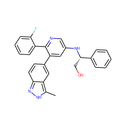 Cc1[nH]nc2ccc(-c3cc(N[C@@H](CO)c4ccccc4)cnc3-c3ccccc3F)cc12 ZINC001772586520