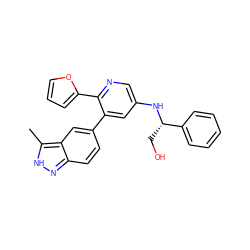 Cc1[nH]nc2ccc(-c3cc(N[C@@H](CO)c4ccccc4)cnc3-c3ccco3)cc12 ZINC001772609681