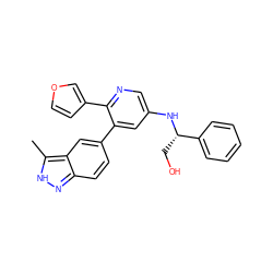 Cc1[nH]nc2ccc(-c3cc(N[C@@H](CO)c4ccccc4)cnc3-c3ccoc3)cc12 ZINC001772575759