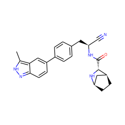 Cc1[nH]nc2ccc(-c3ccc(C[C@@H](C#N)NC(=O)[C@H]4N[C@@H]5CC[C@H]4C5)cc3)cc12 ZINC000221916336