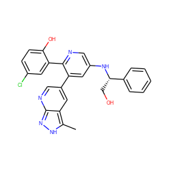 Cc1[nH]nc2ncc(-c3cc(N[C@@H](CO)c4ccccc4)cnc3-c3cc(Cl)ccc3O)cc12 ZINC001772619343