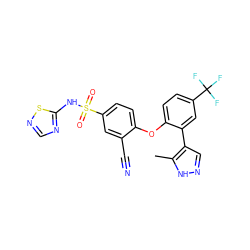 Cc1[nH]ncc1-c1cc(C(F)(F)F)ccc1Oc1ccc(S(=O)(=O)Nc2ncns2)cc1C#N ZINC000095582051