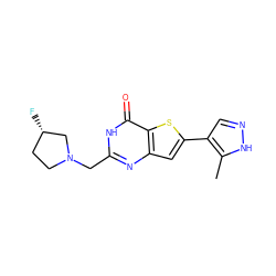 Cc1[nH]ncc1-c1cc2nc(CN3CC[C@H](F)C3)[nH]c(=O)c2s1 ZINC000145157785