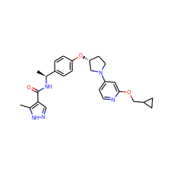 Cc1[nH]ncc1C(=O)N[C@@H](C)c1ccc(O[C@@H]2CCN(c3ccnc(OCC4CC4)c3)C2)cc1 ZINC000231378551