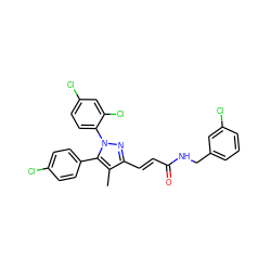 Cc1c(/C=C/C(=O)NCc2cccc(Cl)c2)nn(-c2ccc(Cl)cc2Cl)c1-c1ccc(Cl)cc1 ZINC000198416859