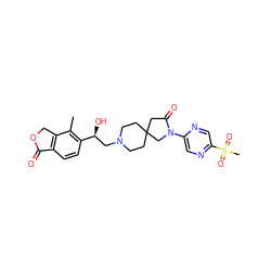 Cc1c([C@@H](O)CN2CCC3(CC2)CC(=O)N(c2cnc(S(C)(=O)=O)cn2)C3)ccc2c1COC2=O ZINC001772604312