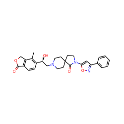 Cc1c([C@@H](O)CN2CCC3(CC2)CCN(c2cc(-c4ccccc4)no2)C3=O)ccc2c1COC2=O ZINC001772570972