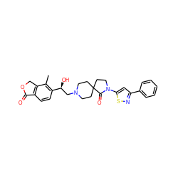 Cc1c([C@@H](O)CN2CCC3(CC2)CCN(c2cc(-c4ccccc4)ns2)C3=O)ccc2c1COC2=O ZINC001772650336