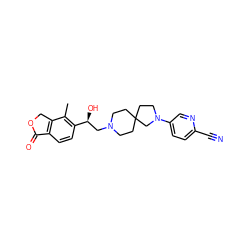 Cc1c([C@@H](O)CN2CCC3(CC2)CCN(c2ccc(C#N)nc2)C3)ccc2c1COC2=O ZINC001772658041