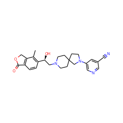 Cc1c([C@@H](O)CN2CCC3(CC2)CCN(c2cncc(C#N)c2)C3)ccc2c1COC2=O ZINC001772610656