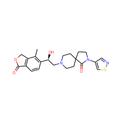 Cc1c([C@@H](O)CN2CCC3(CC2)CCN(c2cnsc2)C3=O)ccc2c1COC2=O ZINC001772597601