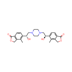 Cc1c([C@@H](O)CN2CCN(C[C@H](O)c3ccc4c(c3C)COC4=O)CC2)ccc2c1COC2=O ZINC000068248147