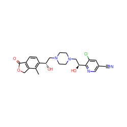 Cc1c([C@@H](O)CN2CCN(C[C@H](O)c3ncc(C#N)cc3Cl)CC2)ccc2c1COC2=O ZINC000144811977