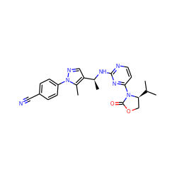 Cc1c([C@H](C)Nc2nccc(N3C(=O)OC[C@@H]3C(C)C)n2)cnn1-c1ccc(C#N)cc1 ZINC000142059577