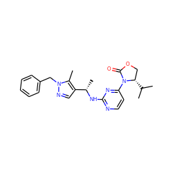 Cc1c([C@H](C)Nc2nccc(N3C(=O)OC[C@@H]3C(C)C)n2)cnn1Cc1ccccc1 ZINC000142152856