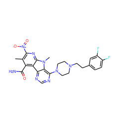 Cc1c([N+](=O)[O-])nc2c(c1C(N)=O)c1ncnc(N3CCN(CCc4ccc(F)c(F)c4)CC3)c1n2C ZINC000028526077