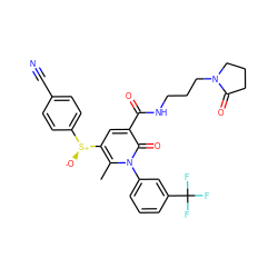 Cc1c([S@@+]([O-])c2ccc(C#N)cc2)cc(C(=O)NCCCN2CCCC2=O)c(=O)n1-c1cccc(C(F)(F)F)c1 ZINC000043132124