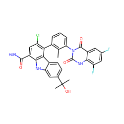 Cc1c(-c2c(Cl)cc(C(N)=O)c3[nH]c4cc(C(C)(C)O)ccc4c23)cccc1-n1c(=O)[nH]c2c(F)cc(F)cc2c1=O ZINC000222963187