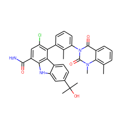 Cc1c(-c2c(Cl)cc(C(N)=O)c3[nH]c4cc(C(C)(C)O)ccc4c23)cccc1-n1c(=O)c2cccc(C)c2n(C)c1=O ZINC000223029833