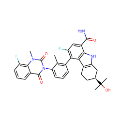 Cc1c(-c2c(F)cc(C(N)=O)c3[nH]c4c(c23)CC[C@H](C(C)(C)O)C4)cccc1-n1c(=O)c2cccc(F)c2n(C)c1=O ZINC000222995022