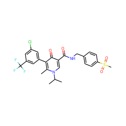 Cc1c(-c2cc(Cl)cc(C(F)(F)F)c2)c(=O)c(C(=O)NCc2ccc(S(C)(=O)=O)cc2)cn1C(C)C ZINC001772593366