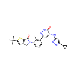 Cc1c(-c2cc(Nc3cc(C4CC4)[nH]n3)c(=O)[nH]n2)cccc1N1Cc2cc(C(C)(C)C)sc2C1=O ZINC000199974297