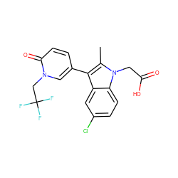 Cc1c(-c2ccc(=O)n(CC(F)(F)F)c2)c2cc(Cl)ccc2n1CC(=O)O ZINC000117015751