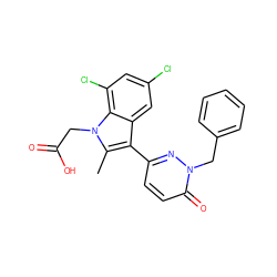 Cc1c(-c2ccc(=O)n(Cc3ccccc3)n2)c2cc(Cl)cc(Cl)c2n1CC(=O)O ZINC000095561688