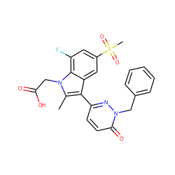 Cc1c(-c2ccc(=O)n(Cc3ccccc3)n2)c2cc(S(C)(=O)=O)cc(F)c2n1CC(=O)O ZINC000095562877