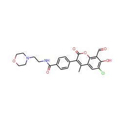 Cc1c(-c2ccc(C(=O)NCCN3CCOCC3)cc2)c(=O)oc2c(C=O)c(O)c(Cl)cc12 ZINC000165087556