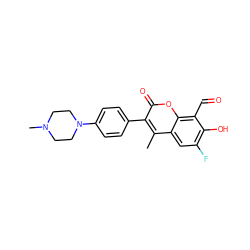 Cc1c(-c2ccc(N3CCN(C)CC3)cc2)c(=O)oc2c(C=O)c(O)c(F)cc12 ZINC000221059993