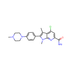 Cc1c(-c2ccc(N3CCN(C)CC3)cc2)n(C)c2nc(C(N)=O)cc(Cl)c12 ZINC001772644377