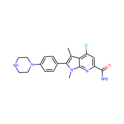 Cc1c(-c2ccc(N3CCNCC3)cc2)n(C)c2nc(C(N)=O)cc(Cl)c12 ZINC001772632076