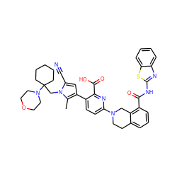 Cc1c(-c2ccc(N3CCc4cccc(C(=O)Nc5nc6ccccc6s5)c4C3)nc2C(=O)O)cc(C#N)n1CC1(N2CCOCC2)CCCCC1 ZINC000223846007