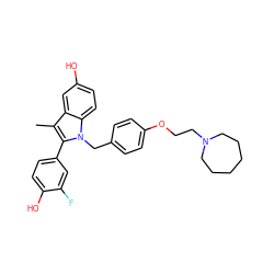 Cc1c(-c2ccc(O)c(F)c2)n(Cc2ccc(OCCN3CCCCCC3)cc2)c2ccc(O)cc12 ZINC000034015066