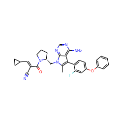 Cc1c(-c2ccc(Oc3ccccc3)cc2F)c2c(N)ncnc2n1C[C@H]1CCCN1C(=O)/C(C#N)=C/C1CC1 ZINC000211056962