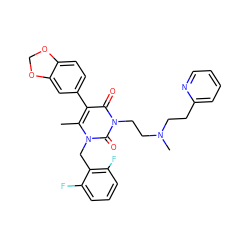 Cc1c(-c2ccc3c(c2)OCO3)c(=O)n(CCN(C)CCc2ccccn2)c(=O)n1Cc1c(F)cccc1F ZINC000028259159