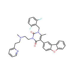 Cc1c(-c2ccc3oc4ccccc4c3c2)c(=O)n(CCN(C)CCc2ccccn2)c(=O)n1Cc1c(F)cccc1F ZINC000028260157