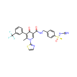 Cc1c(-c2cccc(C(F)(F)F)c2)c(=O)c(C(=O)NCc2ccc([S@@](C)(=O)=NC#N)cc2)cn1-c1nccs1 ZINC000149912871