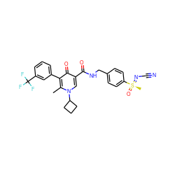 Cc1c(-c2cccc(C(F)(F)F)c2)c(=O)c(C(=O)NCc2ccc([S@@](C)(=O)=NC#N)cc2)cn1C1CCC1 ZINC001772627067