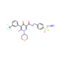 Cc1c(-c2cccc(C(F)(F)F)c2)c(=O)c(C(=O)NCc2ccc([S@@](C)(=O)=NC#N)cc2)cn1C1CCOCC1 ZINC000149910705