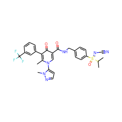 Cc1c(-c2cccc(C(F)(F)F)c2)c(=O)c(C(=O)NCc2ccc([S@](=O)(=NC#N)C(C)C)cc2)cn1-c1ccnn1C ZINC000149860882