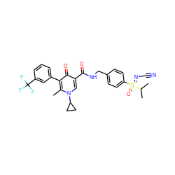 Cc1c(-c2cccc(C(F)(F)F)c2)c(=O)c(C(=O)NCc2ccc([S@](=O)(=NC#N)C(C)C)cc2)cn1C1CC1 ZINC000149899184