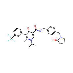 Cc1c(-c2cccc(C(F)(F)F)c2)c(=O)c(C(=O)NCc2ccc(CN3CCCC3=O)cc2)cn1C(C)C ZINC001772651965