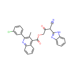 Cc1c(-c2cccc(Cl)c2)nc2ccccc2c1C(=O)OCC(=O)C(C#N)c1nc2ccccc2[nH]1 ZINC000101761704