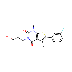 Cc1c(-c2cccc(F)c2)sc2c1c(=O)n(CCCO)c(=O)n2C ZINC001772578711