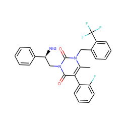 Cc1c(-c2ccccc2F)c(=O)n(C[C@H](N)c2ccccc2)c(=O)n1Cc1ccccc1C(F)(F)F ZINC000013609707